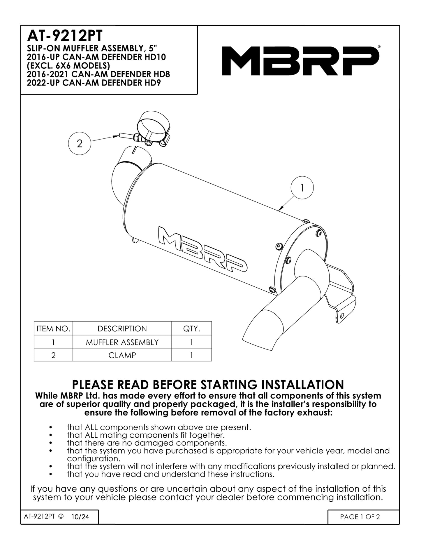 MBRP 5" Single Slip-on Performance Series Can-Am Defender HD10 2016-2025