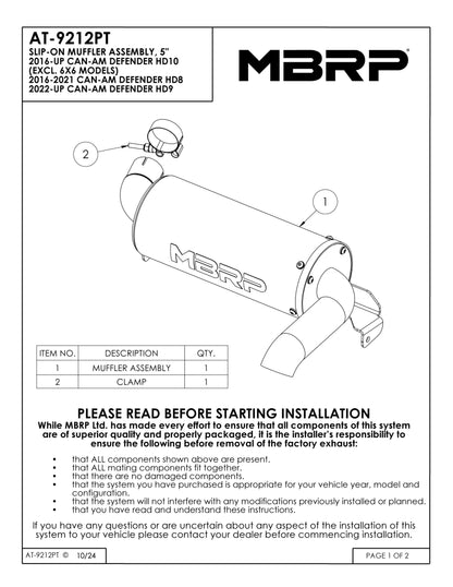 MBRP 5" Single Slip-on Performance Series Can-Am Defender HD10 2016-2025