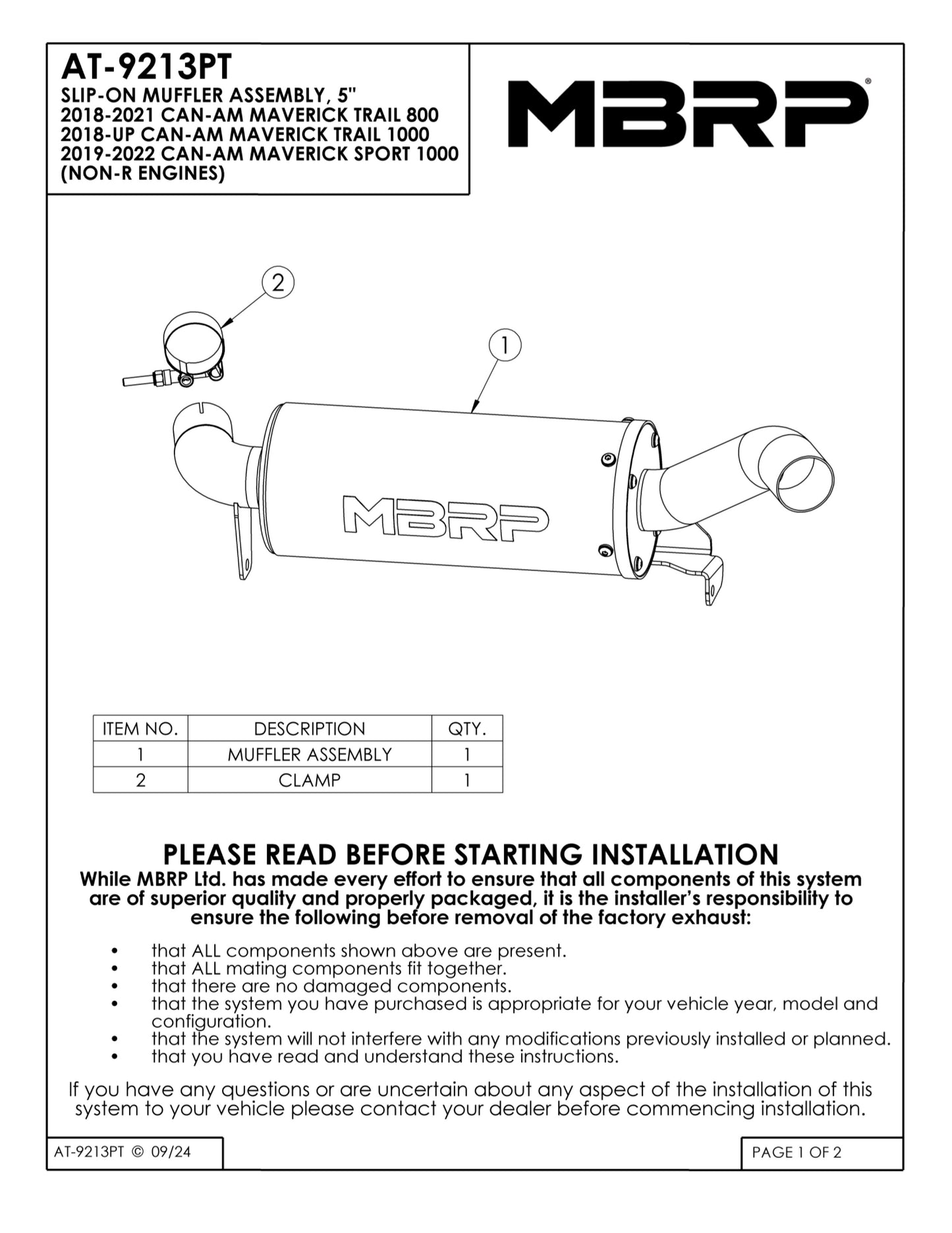 MBRP 5" Single Slip-on Performance Series Can-Am Maverick Sport 1000 2018-2023