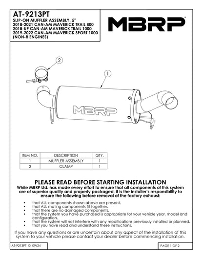MBRP 5" Single Slip-on Performance Series Can-Am Maverick Sport 1000 2018-2023
