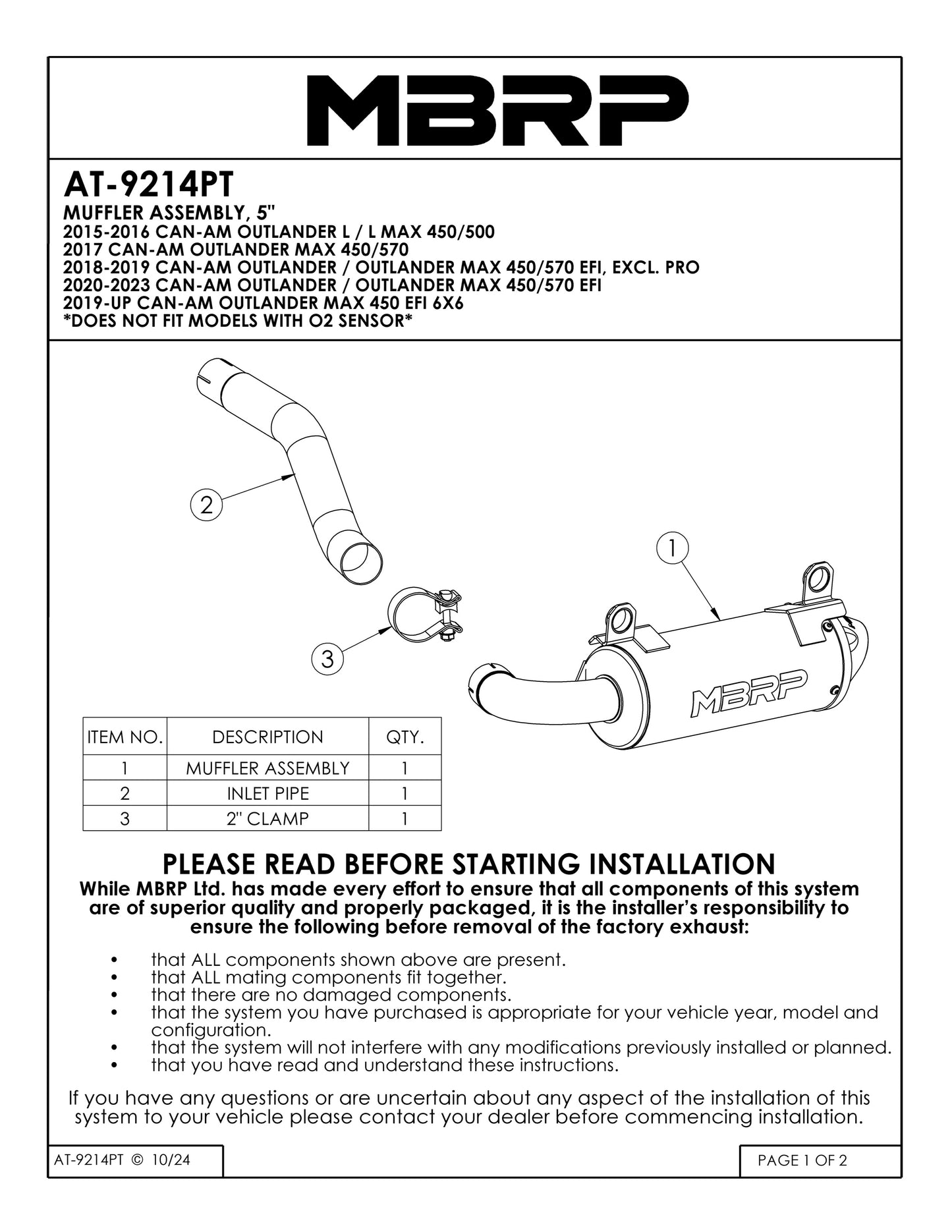 MBRP 5" Single Slip-on Performance Series Can-Am Outlander/Max 450/570 Efi All Models(DPS/6X6/PRO) 2015-2025