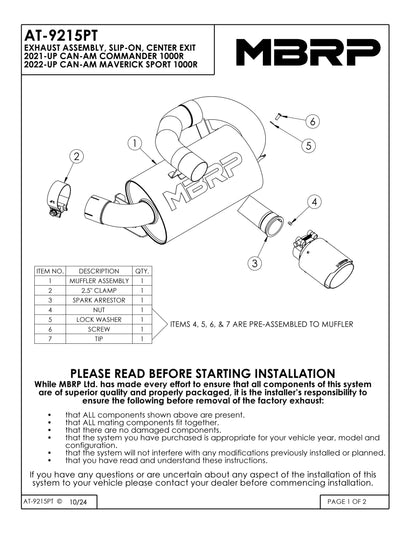 MBRP Single Slip-on Center Exit Performance Series Can-Am Commander 1000R 2021-2025