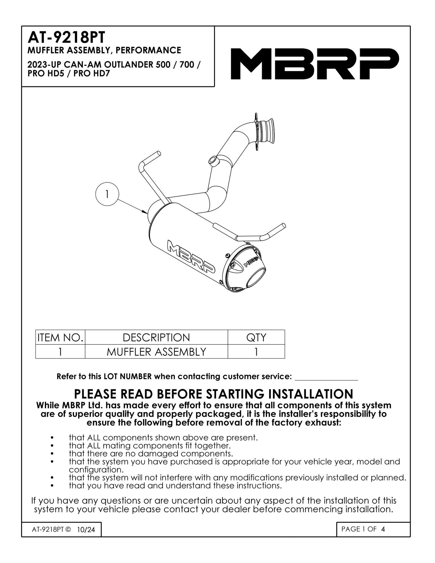 MBRP 5" Single Slip-on Performance Series Can-Am Outlander 500/700/PRO HD5/PRO HD7 2023-2025