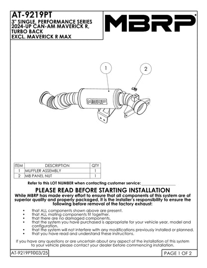 MBRP 3" Single Slip-on Turbo Back Performance Series Can-Am Maverick R 2024-2025