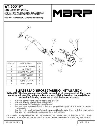 MBRP 5" Single Slip-on Performance Series Can-Am Outlander/Max 650/850/1000R 2018-2024