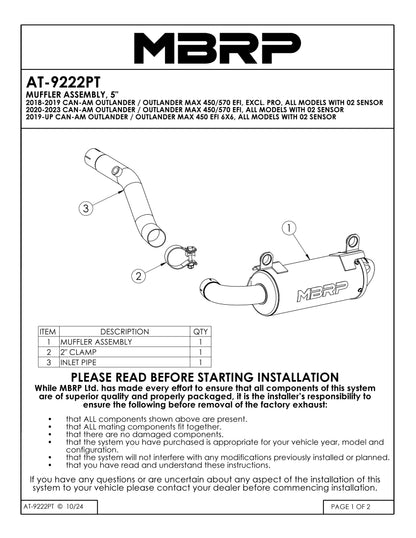 MBRP 5" Single Slip-on Performance Series Can-Am Outlander/Max 450/570 EFI 2018-2025
