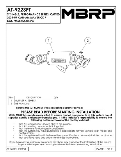 MBRP 3" Turbo Back Single Slip-on system with Catalytic Converter Performance Series Can-Am Maverick R 2024-2025