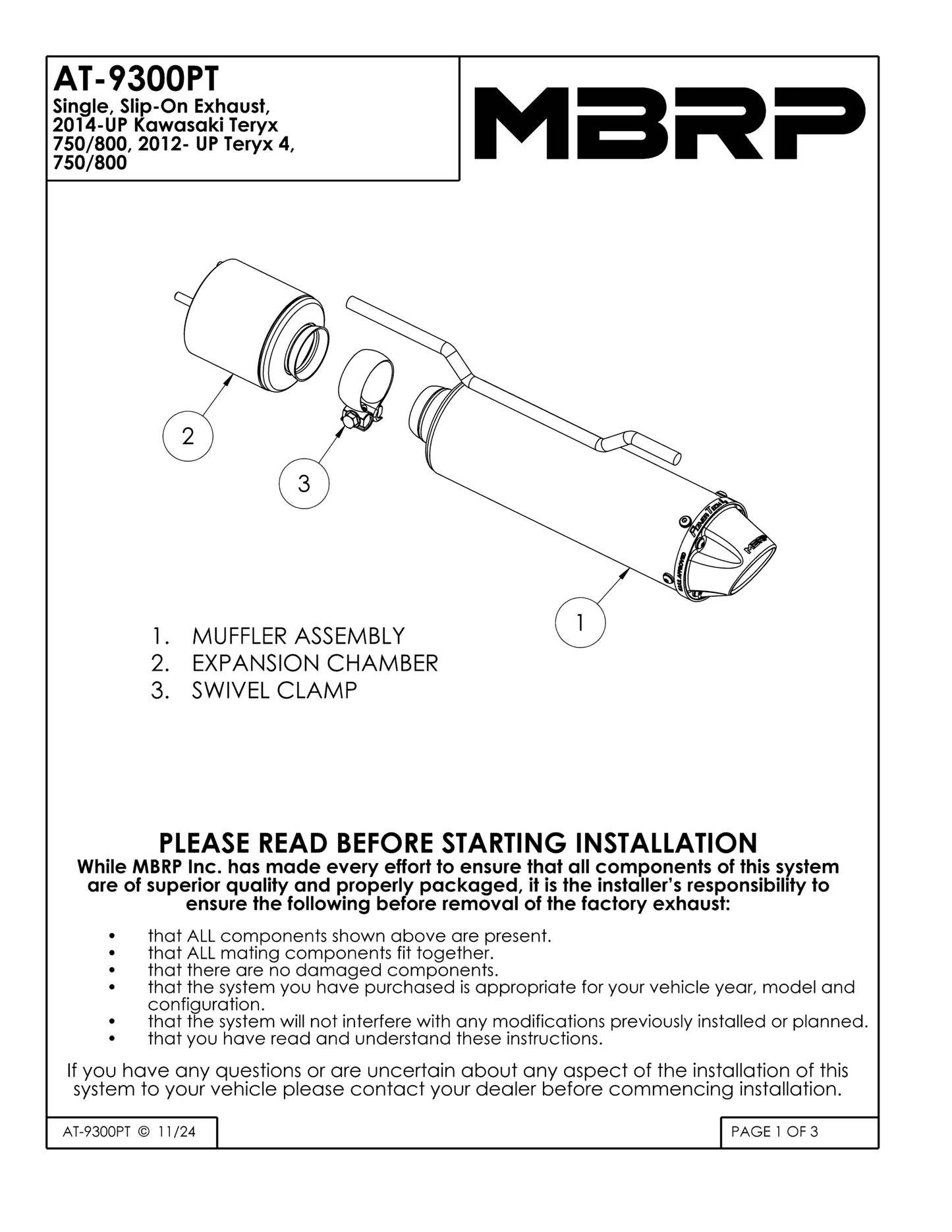 MBRP Single Slip-on Performance Series Kawasaki Teryx 4 750/800 2012-2025