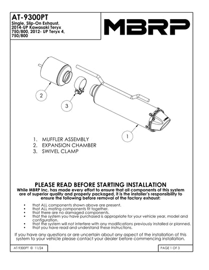 MBRP Single Slip-on Performance Series Kawasaki Teryx 4 750/800 2012-2025