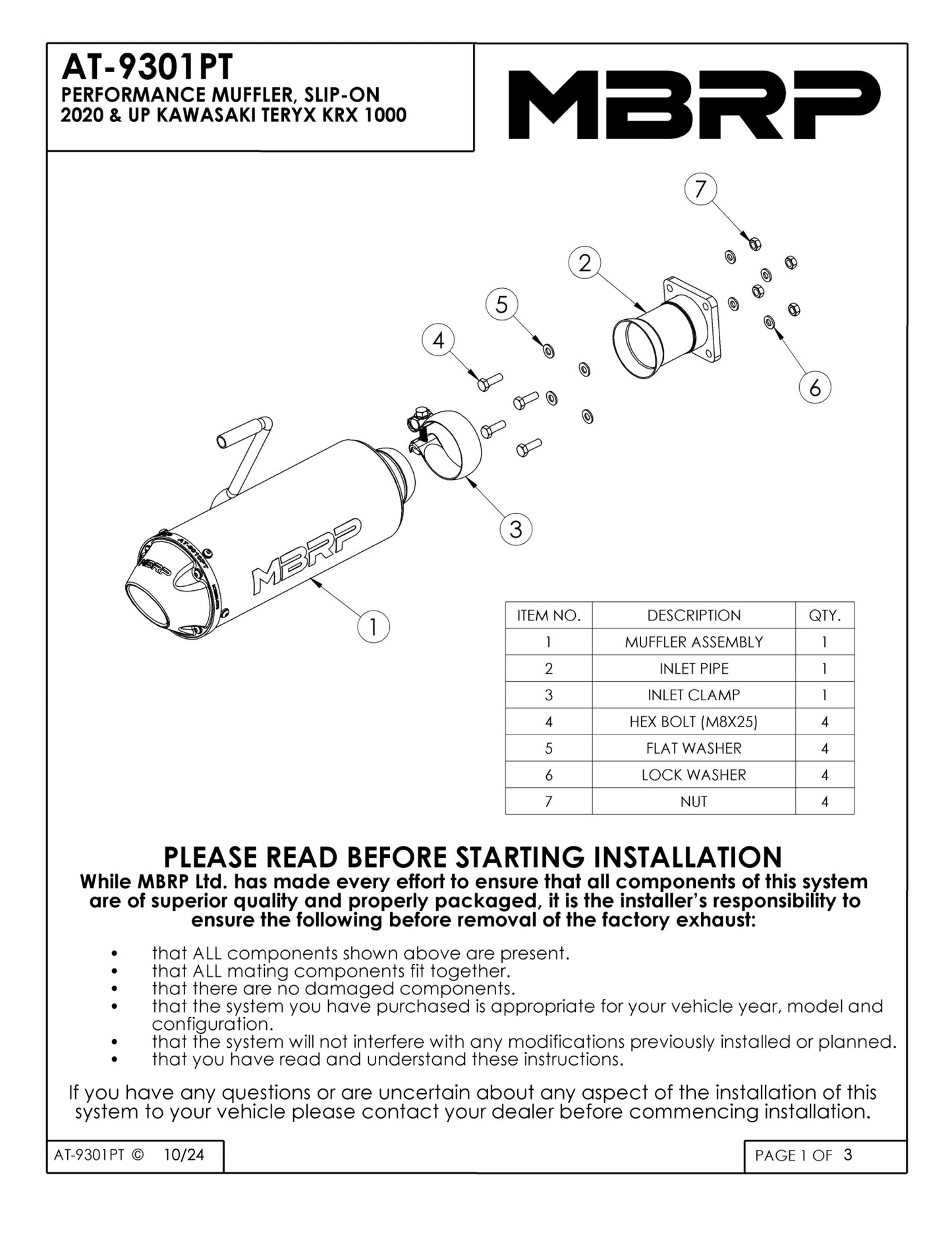 MBRP Single Slip-on System w/Performance Muffler Kawasaki Teryx KRX 1000 2020-2025