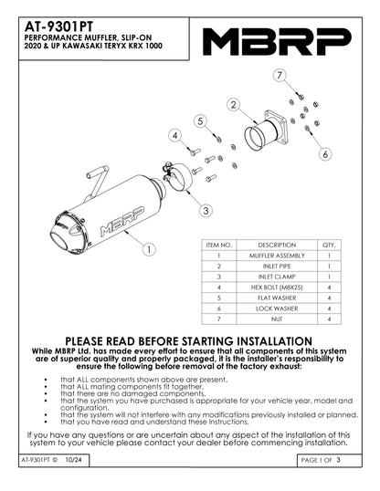 MBRP Single Slip-on System w/Performance Muffler Kawasaki Teryx KRX 1000 2020-2025
