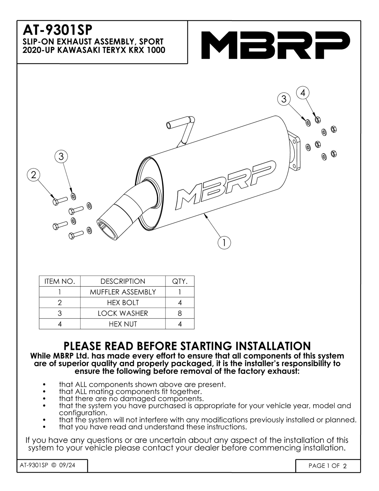 MBRP Single Slip-on Sport Series Kawasaki Teryx KRX 1000 2020-2025