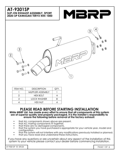 MBRP Single Slip-on Sport Series Kawasaki Teryx KRX 1000 2020-2025