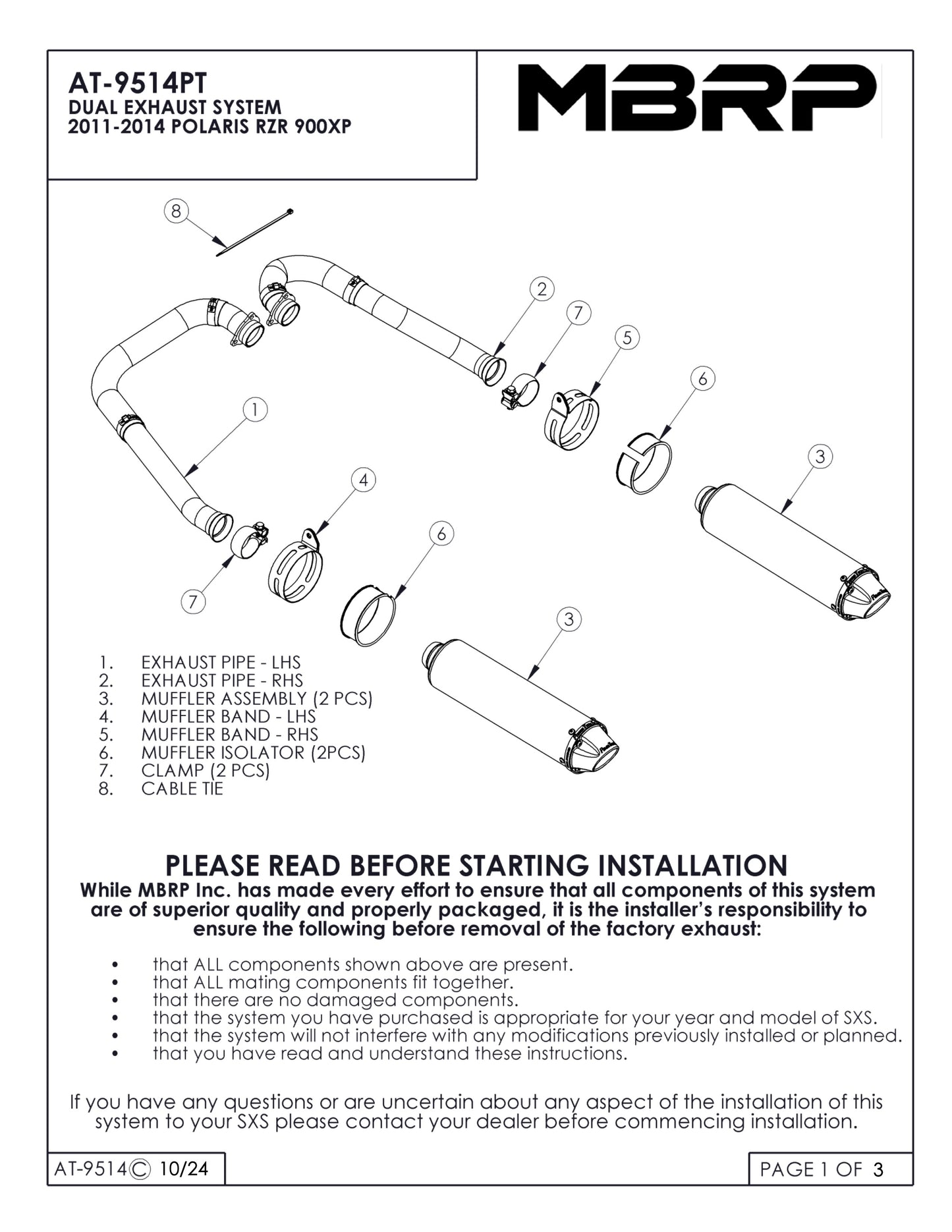 MBRP Complete dual system headers back Polaris RZR 900 All Models 2014