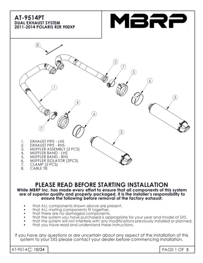 MBRP Complete dual system headers back Polaris RZR 900 All Models 2014