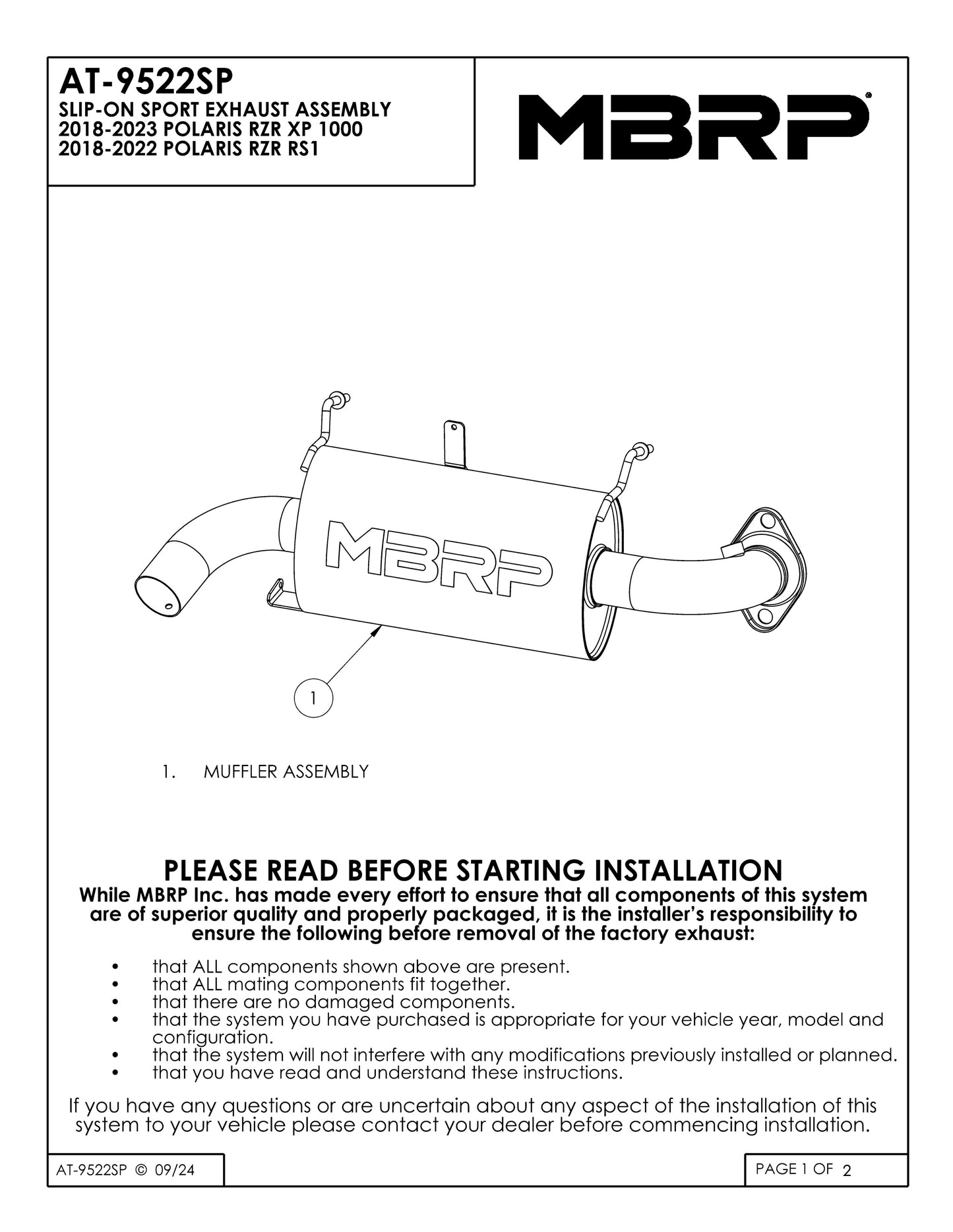 MBRP Oval Slip-on Sport Series Polaris RZR XP 1000 2018-2023 - Adventure Parts