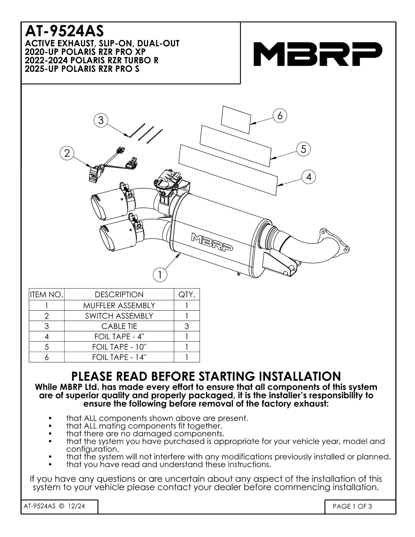 MBRP Slip-on Active Exhaust Dual out Polaris RZR PRO XP 2020-2025 - Adventure Parts