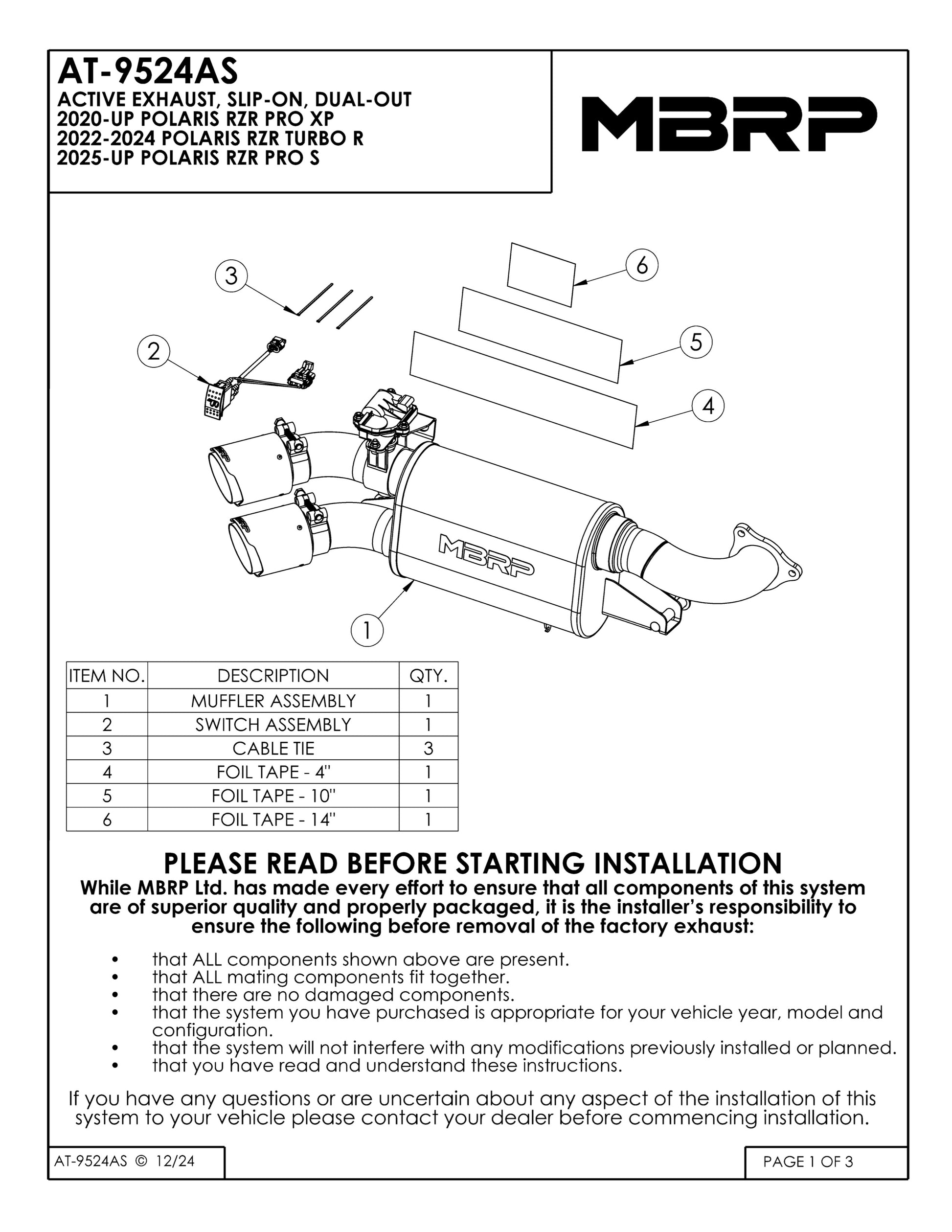MBRP Slip-on Active Exhaust Dual out Polaris RZR PRO XP 2020-2025 - Adventure Parts