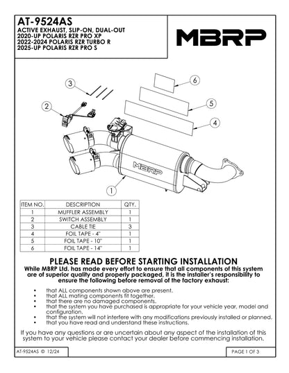 MBRP Slip-on Active Exhaust Dual out Polaris RZR PRO XP 2020-2025 - Adventure Parts