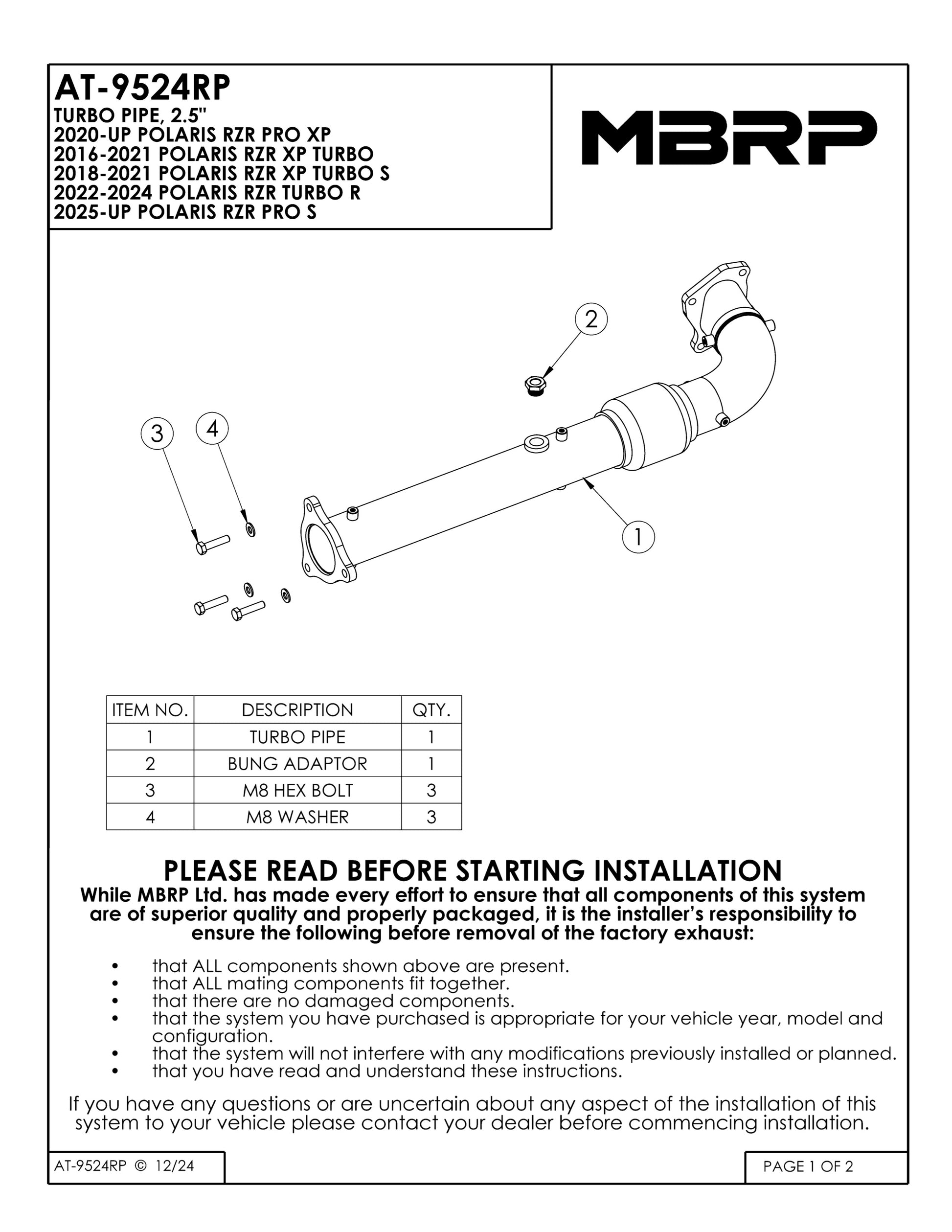 MBRP 2.5" Turbo Front Pipe Polaris RZR XP Turbo 2016-2025 - Adventure Parts