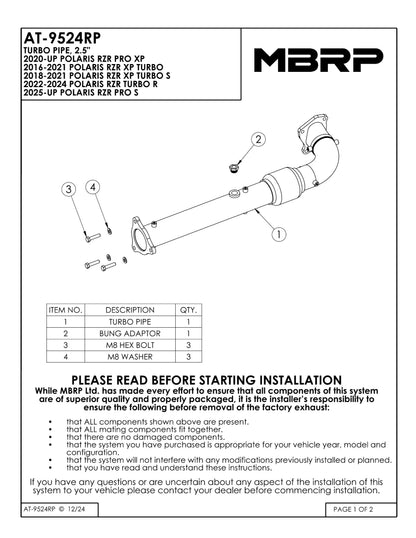 MBRP 2.5" Turbo Front Pipe Polaris RZR XP Turbo 2016-2025 - Adventure Parts