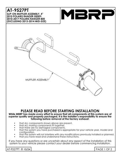 MBRP 4" Slip-on Muffler Assembly Polaris Ranger 800 2010-2017