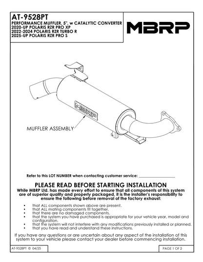 MBRP 5" Single Slip-on System with Catalytic Converter Performance Series Polaris RZR TURBO R 2020-2025 - Adventure Parts