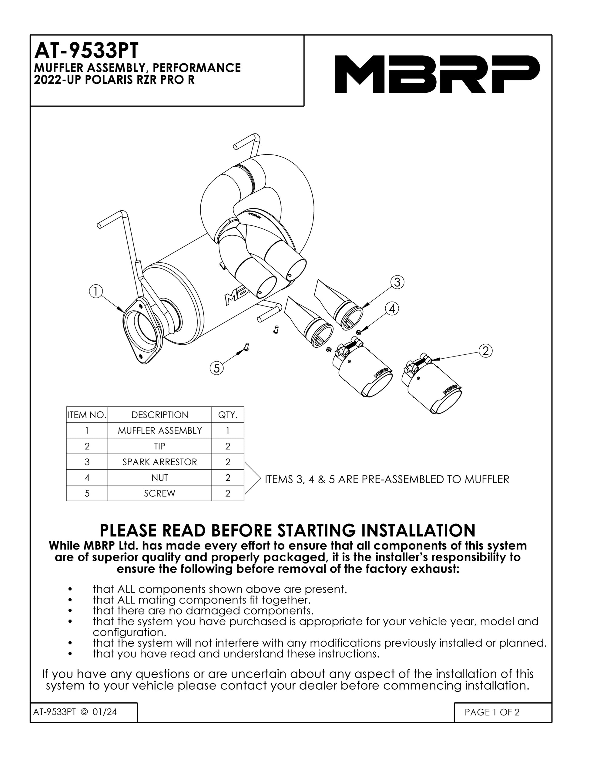 MBRP Single Slip-on Dual Outlet Performance Series Polaris RZR PRO R 2022-2025 - Adventure Parts