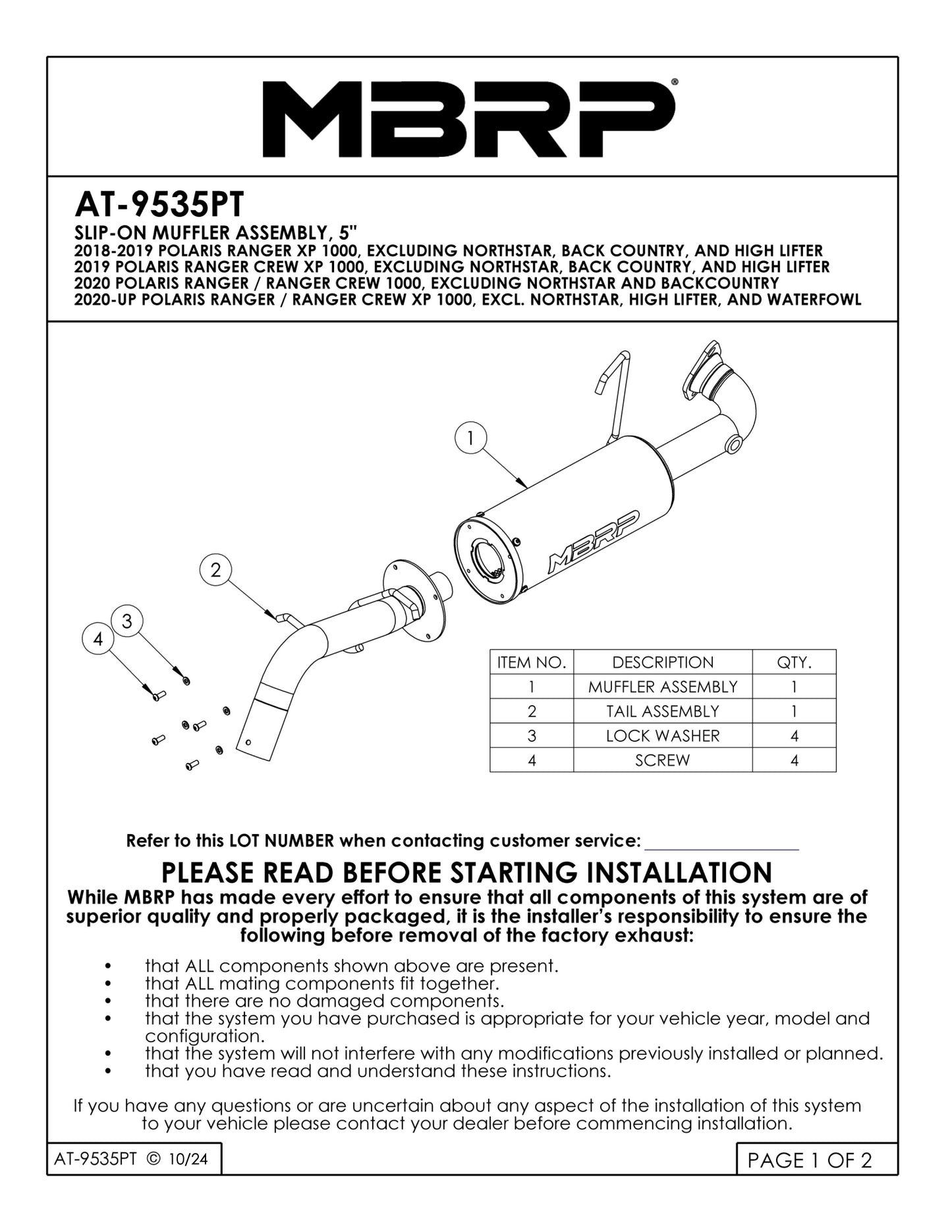 MBRP 5" Single Slip-On Performance Series Polaris Ranger XP 1000 2018-2024