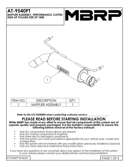 MBRP 5" Single Slip-on with Catalytic Converter Performance Series Polaris RZR XP 1000 2024-2025 - Adventure Parts