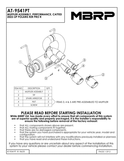 MBRP 6" Single Slip-on System Dual Outlet with Catalytic Converter Performance Series Polaris RZR PRO R 2022-2025 - Adventure Parts