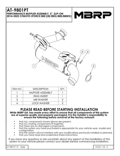 MBRP 5" Slip-on Muffler Assembly Performance Series CFMOTO  ZFORCE 800 EX 2014-2021
