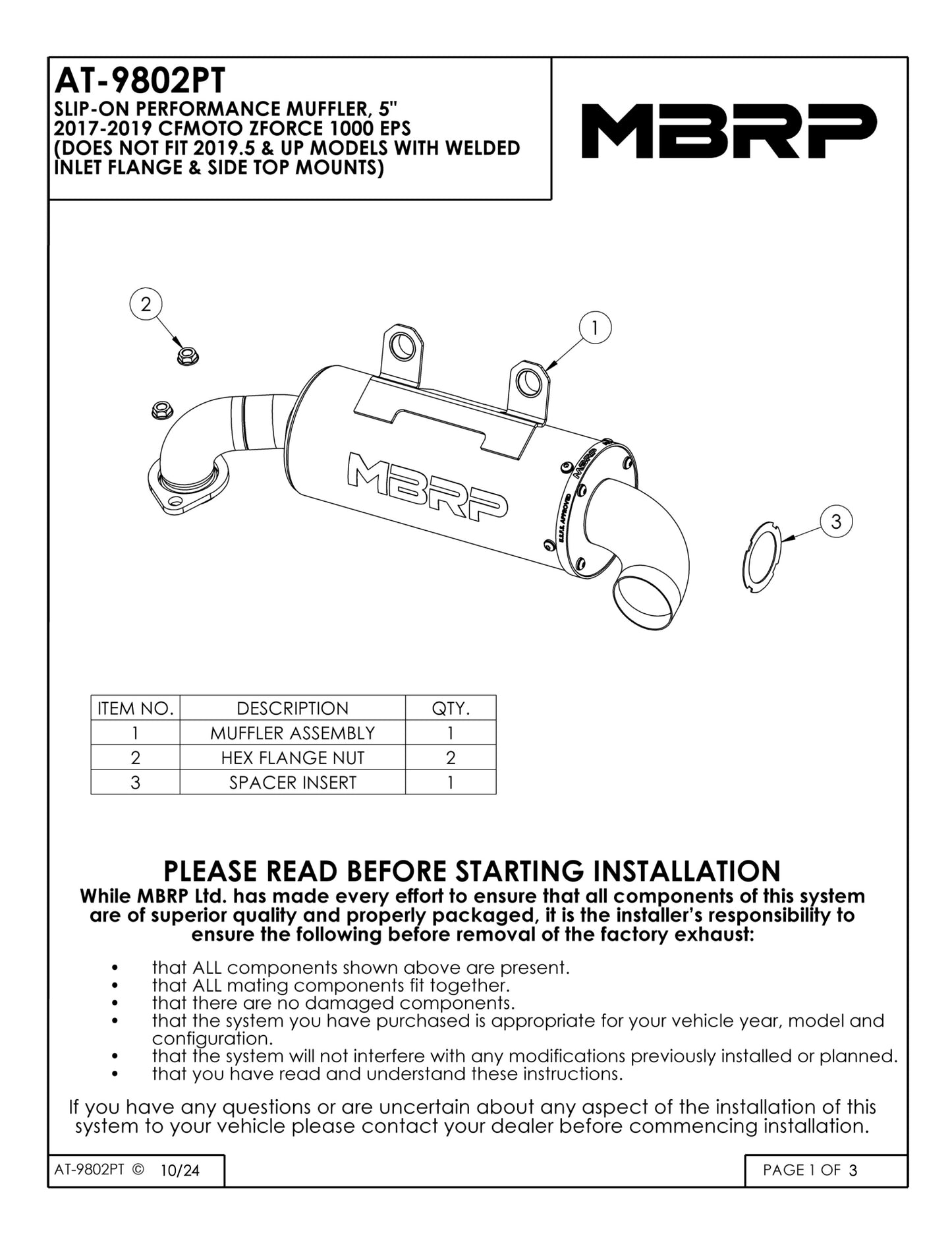 MBRP 5" Single Slip-on Performance Series CFMOTO ZFORCE 1000 2018-2019