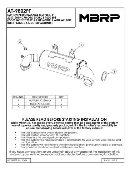 MBRP 5" Single Slip-on Performance Series CFMOTO ZFORCE 1000 2018-2019