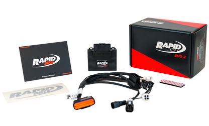 Rapid Fire automotive parts including a box, connectors, and a card on a white background