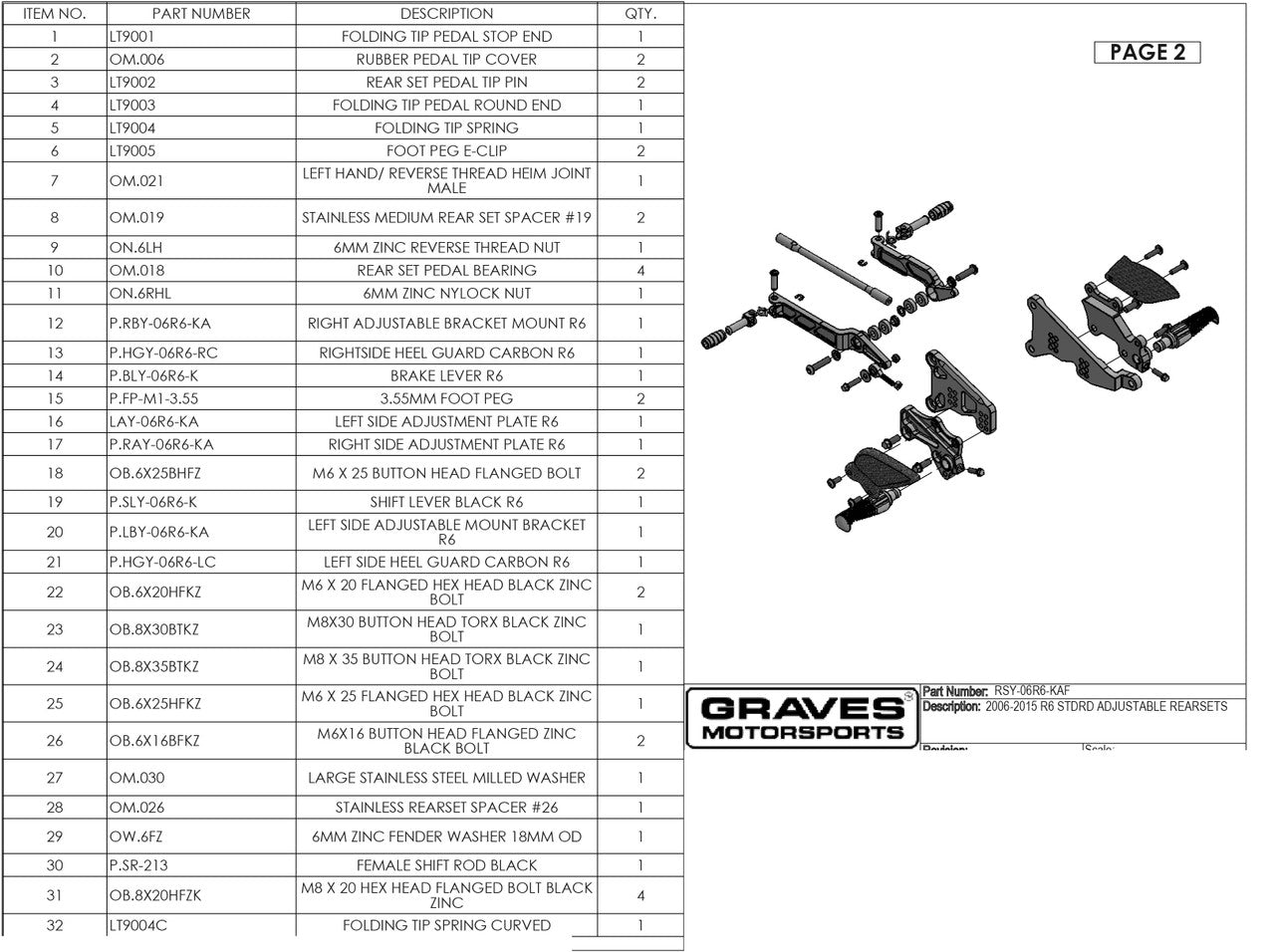 Graves Motorsports Adjustable Rearsets Yamaha R6 2006-2022