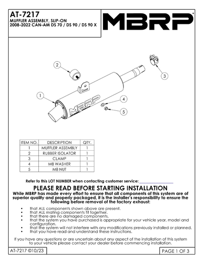 MBRP Direct Replacement Slip-on w/Utility Muffler CAN-AM DS 70/ DS 90/ DS 90X  2008-2022