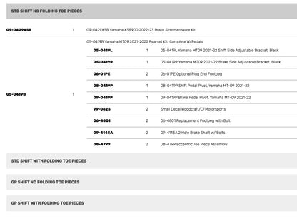 Woodcraft Rearset Kit, Complete W/Pedals Yamaha XSR900  2022-2023 - Adventure Parts