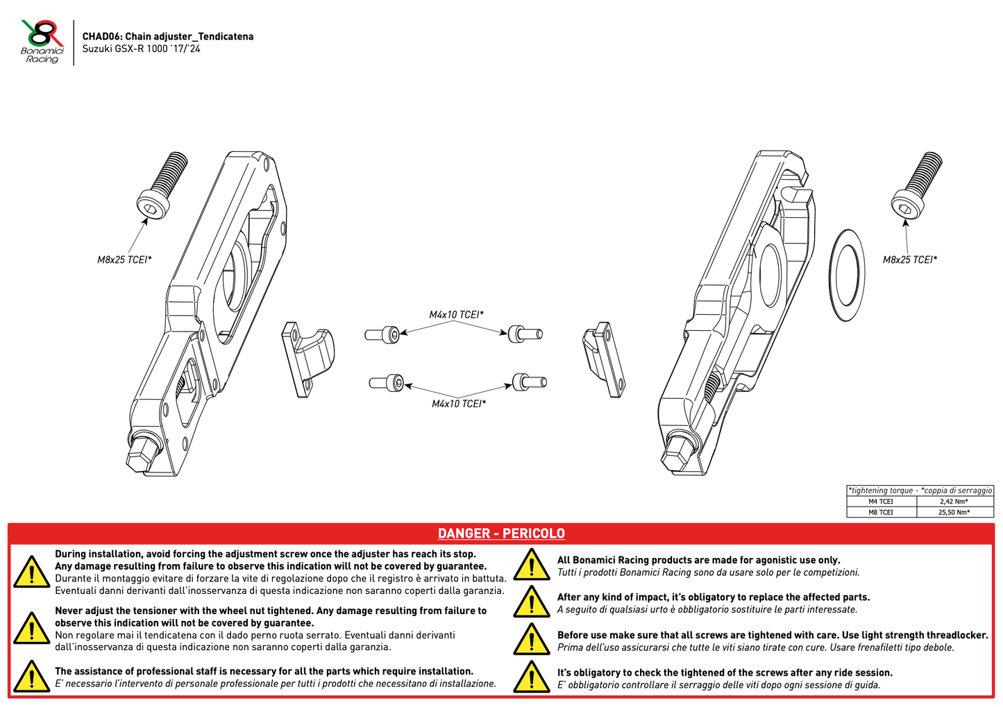 Bonamici Chain Adjuster Suzuki GSX-R1000 2017-2024