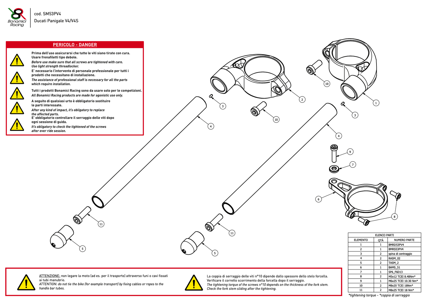 Bonamici Clip-Ons 53mm Unlifted Zero Offset Ducati Panigale V4/S 2018+