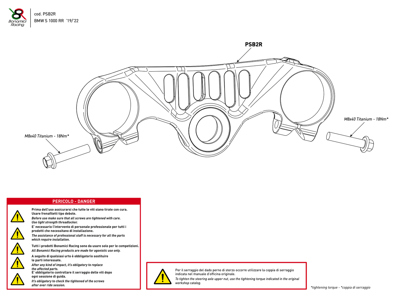 Bonamici Top Triple Clamp (Race) BMW S1000RR 2020-2022