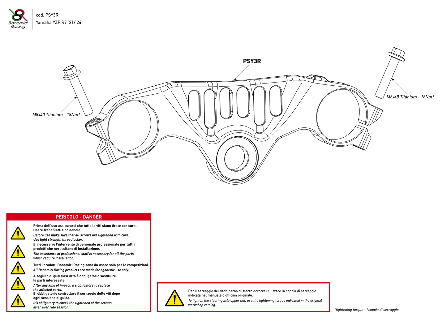 Bonamici Top Triple Clamp (Race) Yamaha YZF-R7 2022-2024