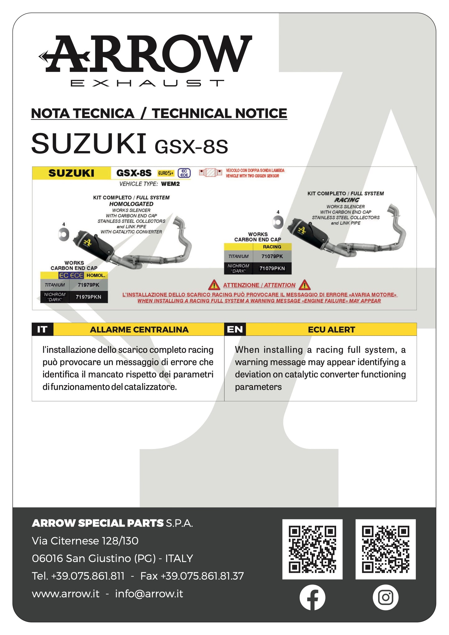 Arrow Full Exhaust System With Carby End Cap Suzuki GSX-8S 2024-2025 - Adventure Parts