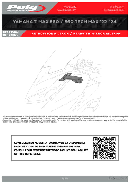Puig Rearview Black Mirror Aileron Yamaha T-MAX 560 2022-2024, TECH MAX 2022-2024