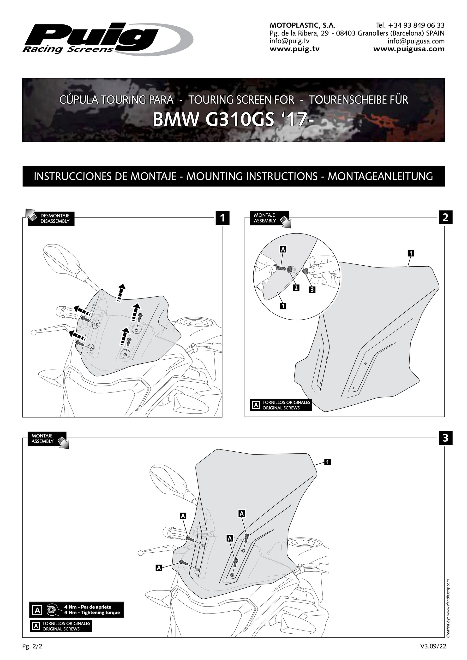 Puig Touring Windscreen BMW G310GS 2017-2025 - Adventure Parts
