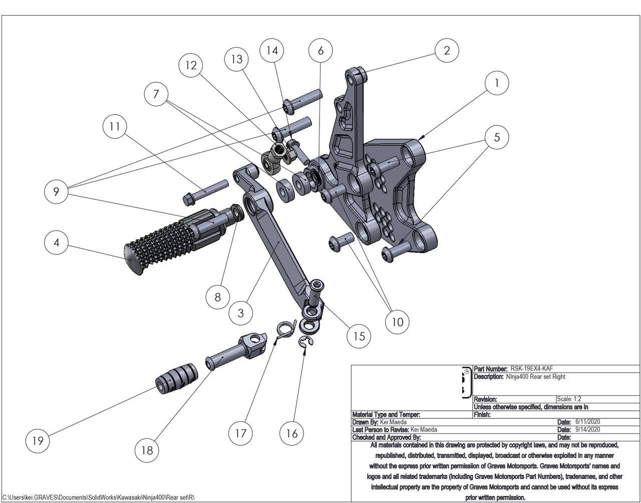 Graves Adjustable Rearsets Kawasaki Ninja 400 + Ninja 500 2024+