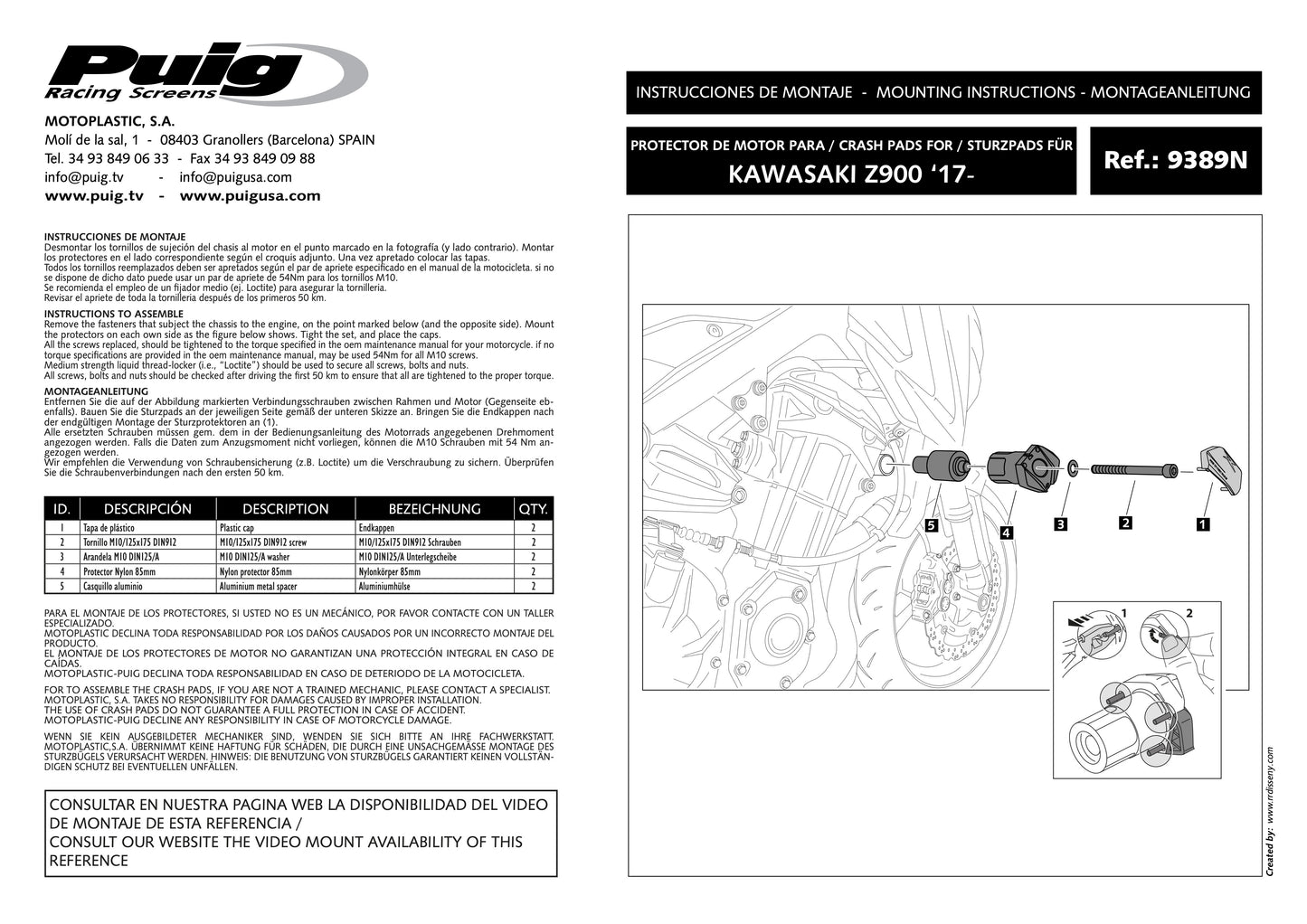 Puig Frame Sliders Spares Kawasaki Z900 2025 - Adventure Parts