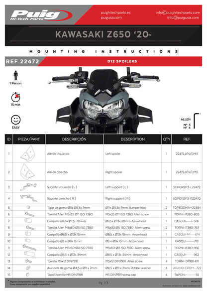 Puig Spoilers D12 Kawasaki Z650 2020-2025