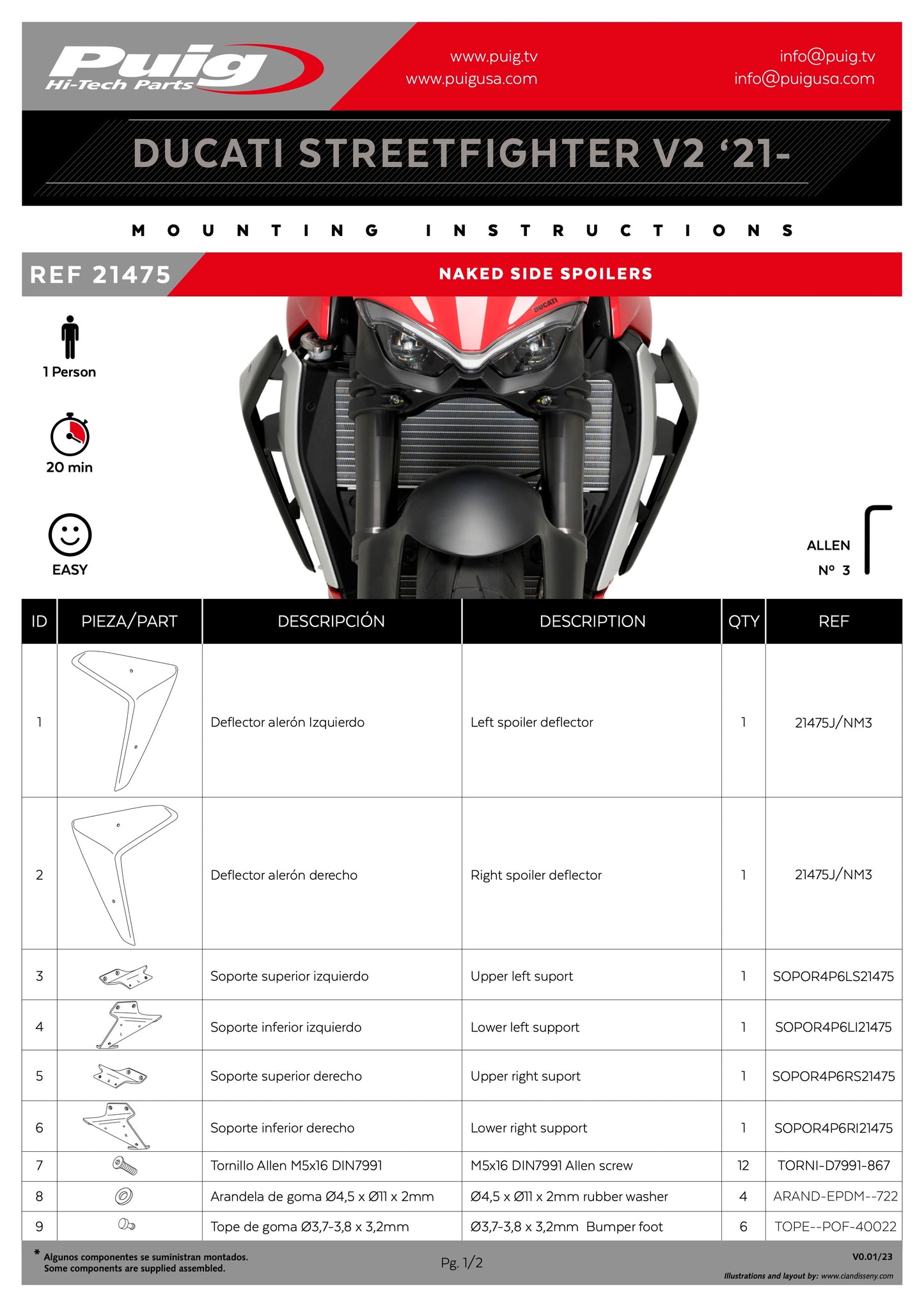 Puig Naked Side Spoilers DUCATI STREETFIGHTER V2 2022-2024