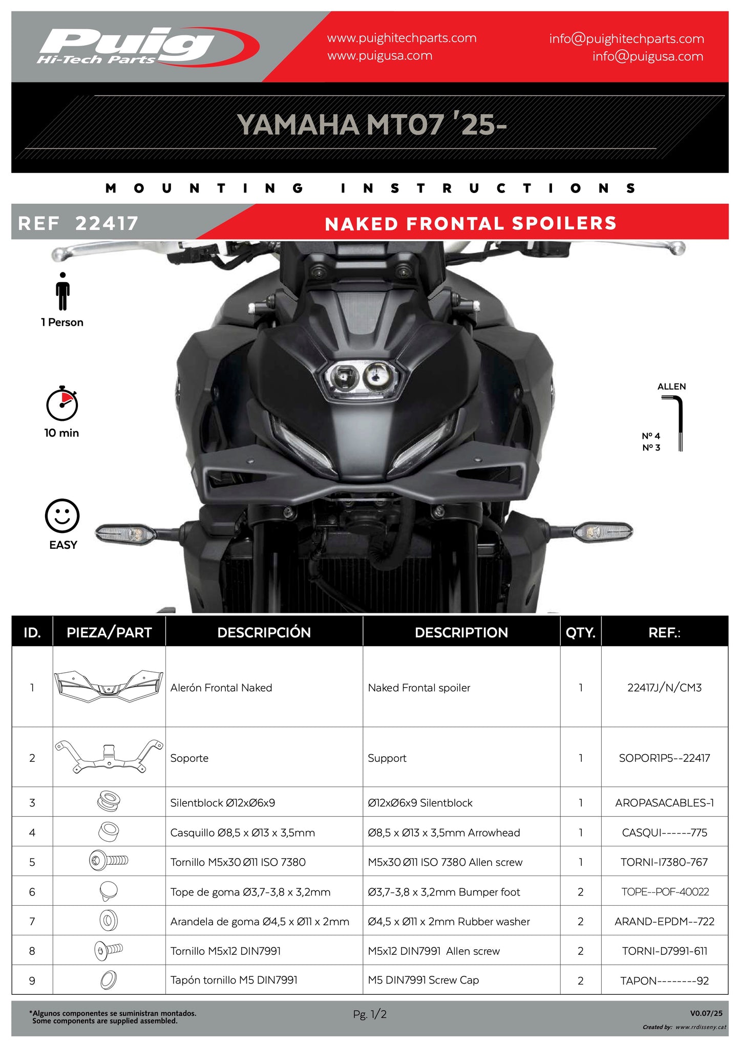 Puig Naked Frontal Spoilers Yamaha MT-07 2025